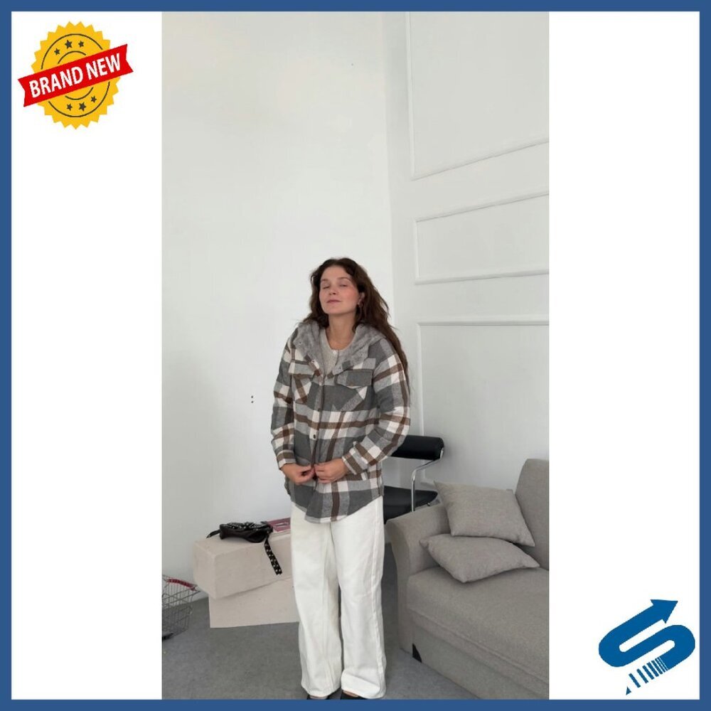 Women's Plaid Shacket Hooded Fleece Jacket Long Sleeve Oversized Fit - Picture 6 of 8